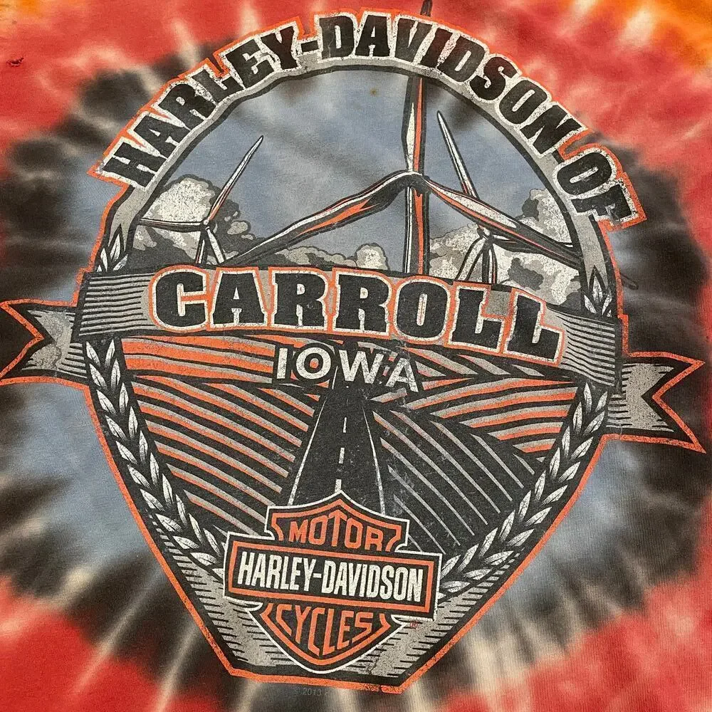 Vintage Harley Davidson Hog Skull Flame Carroll Iowa Shirt Mens Medium Tie Dye